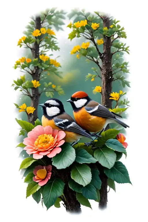 Chickadees Perched On Flowers With Trees In Background