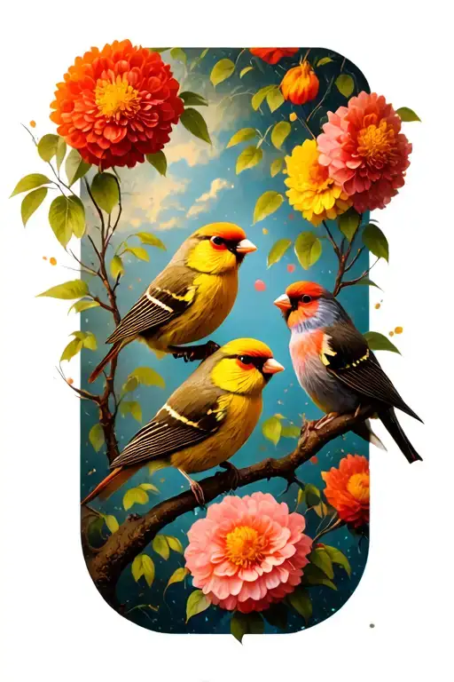 Finches Perched On Flowers With Trees In Background