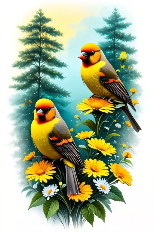 Finches Perched On Wildflowers With Trees In Background