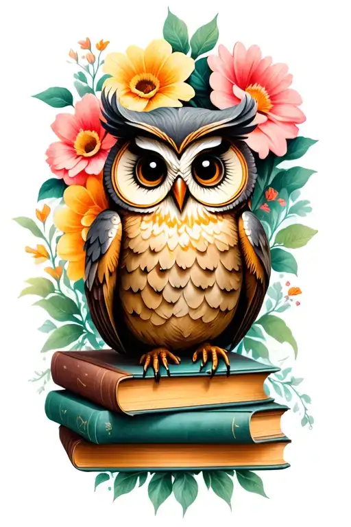 Cute Owl Sitting On Stack Of Antique Books With Flowers In Background