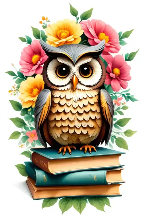Cute Owl Sitting On Stack Of Antique Books With Flowers In Background