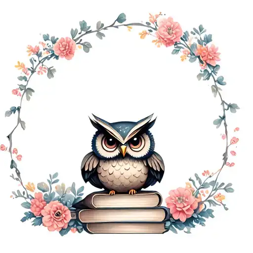 Cute Owl Sitting On Stack Of Antique Books With Flowers In Background