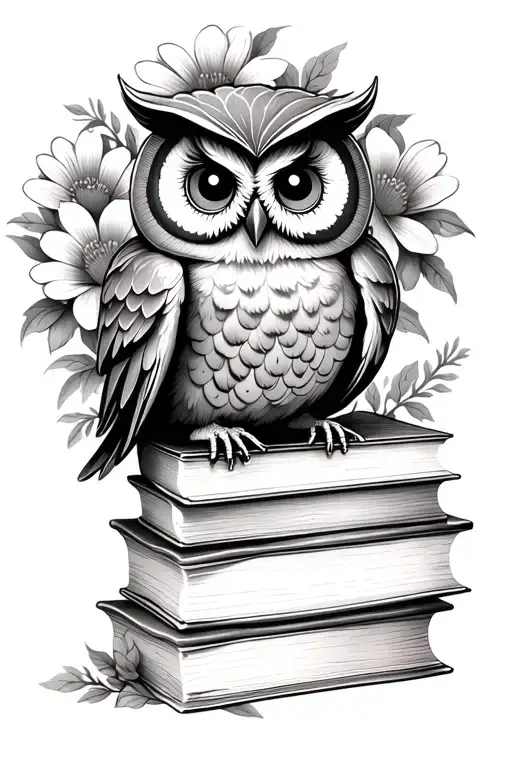 Cute Owl Sitting On Stack Of Antique Books With Flowers In Background