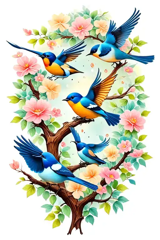 Cute Birds Flying And Perched On Trees With Flowers In Background