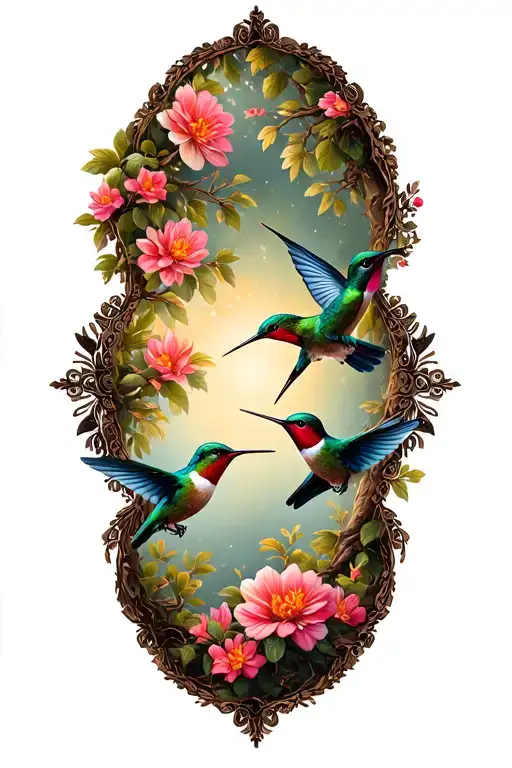 Hummingbirds Flying And Perched On Trees With Flowers In Background