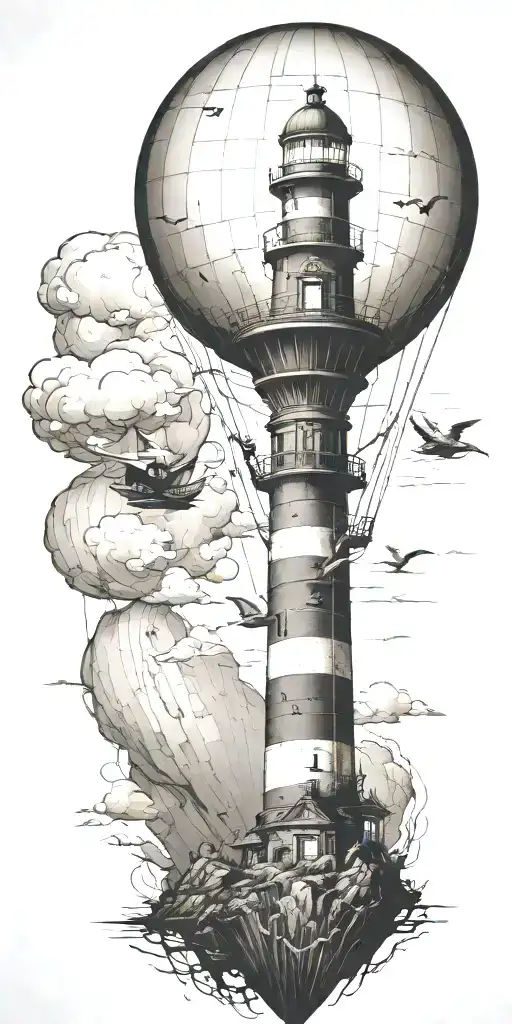 Light House Hot Air Balloon And Shipwreck Scene