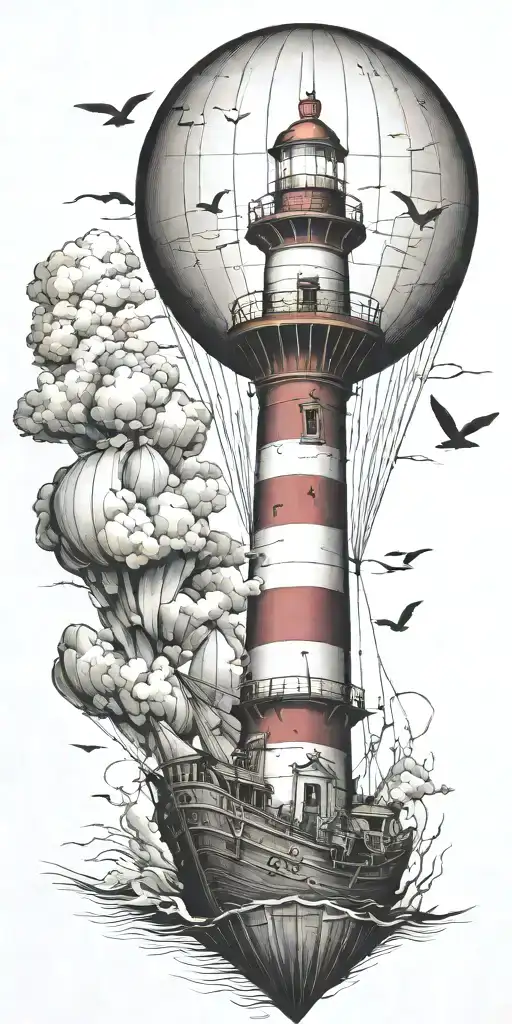 Light House Hot Air Balloon And Shipwreck Scene