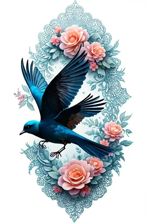 Floral Lace With Birds Flying