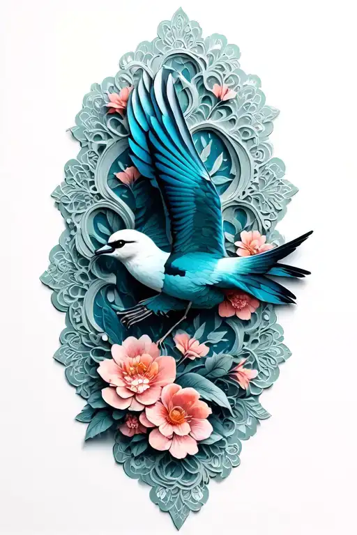 Floral Lace With Bird Flying