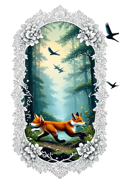 Floral Lace Background With Small Fox Running Through Forest And Birds Flying Above