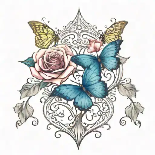 Tree Roses And Lily With Two Butterflys