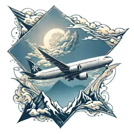 Airplane Flying Towards Me With Mountain Scenery Inside And Bordered With A Diamond Outline