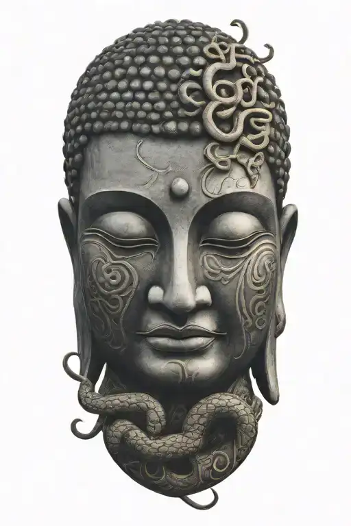 Realistic Buddha With A Snake Wrapping And Asian Temple In The Background