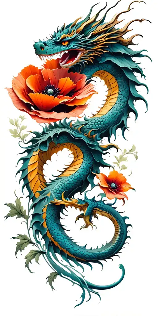 Dragon Winding With Poppy Flower And Veterans
