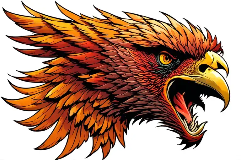 One Side Of A Phoenix Head With It's Mouth Wide Open And Swallowing A Spine