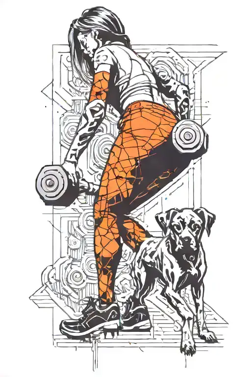 A Woman In Tights Carrying Dumbells Walking Away With A Small And Big Dog Following Her