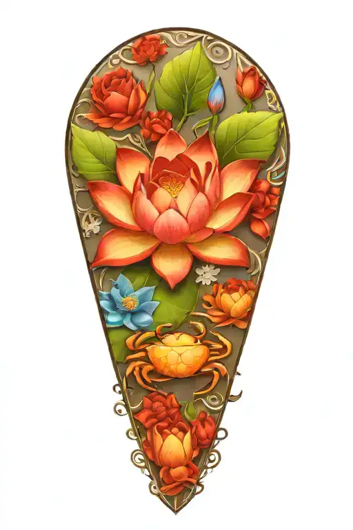 Lotus Flower Blooming And Crab Surrounded By Roses