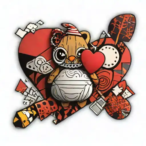 Plush Toy With A Red Heart And Different Pieces Of Fabric