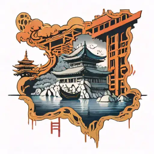 Japanese Temple With Samauri And Man On A Boat