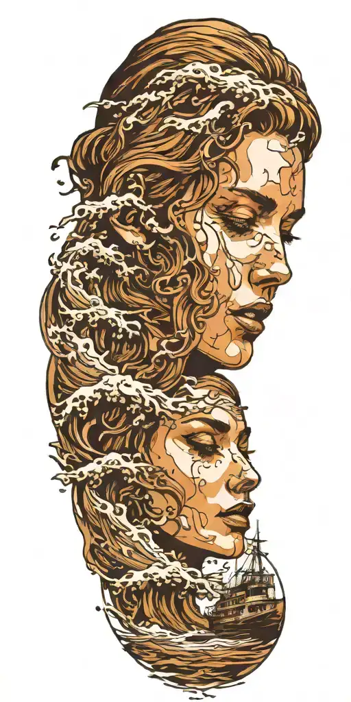 Waves Crashing Shipwreck Morphing Into Woman's Face