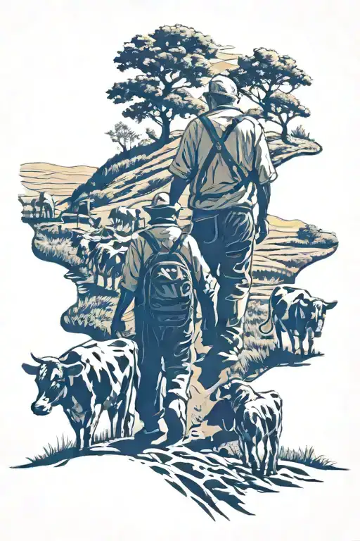 Grandpa And Grandson Walking Up Hill With Cows