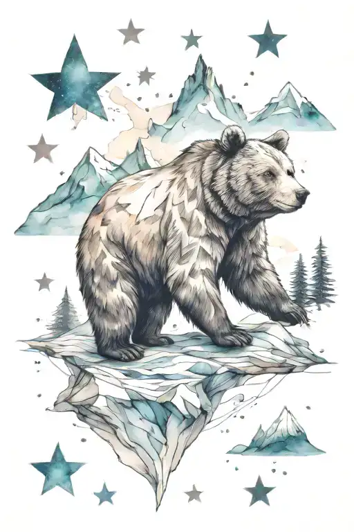 Watercolor Bear With Mountains And Stars