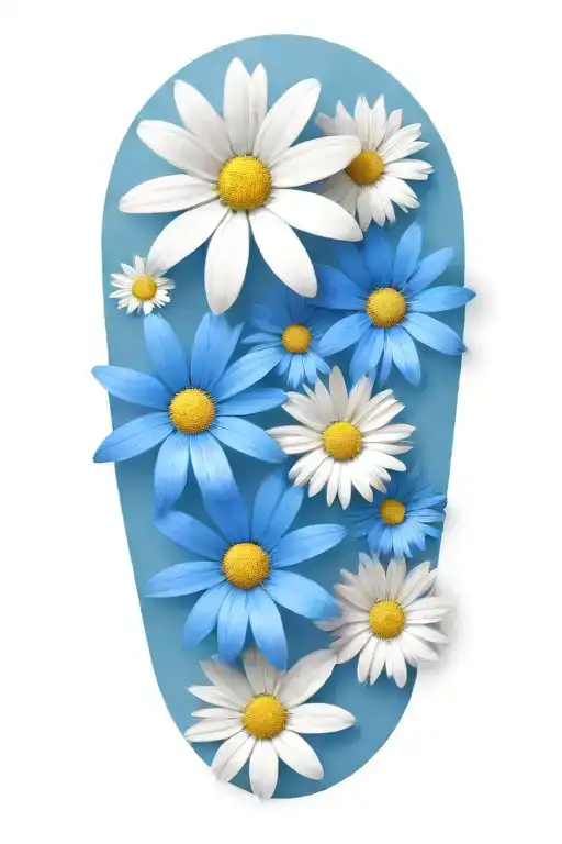 Boquet Of White And Blue Daisy Flowers And Green Leaves