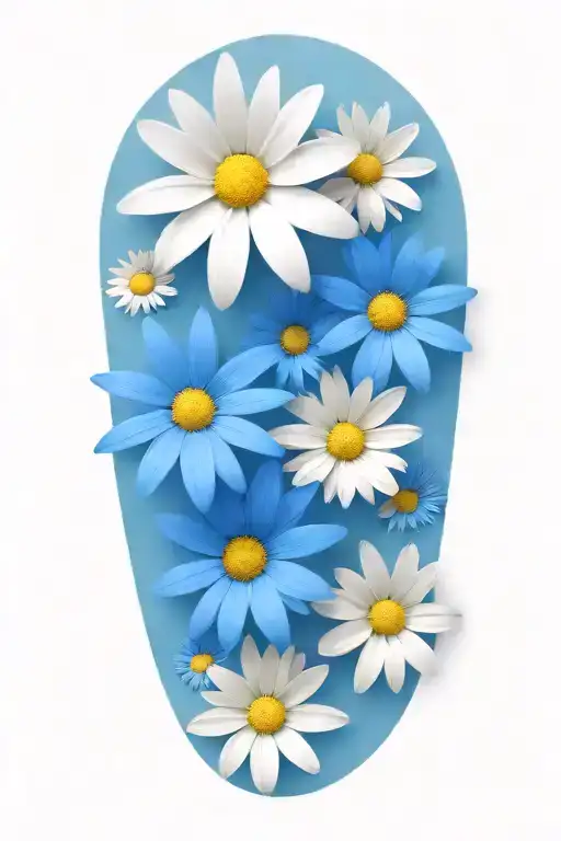 Boquet Of White And Blue Daisy Flowers And Green Leaves