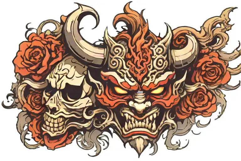 Oni Mask With A Cross And A Landscape