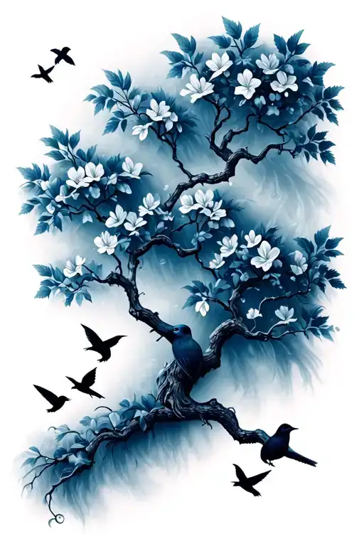 Small Birds Flying & Perched In Dogwood Tree