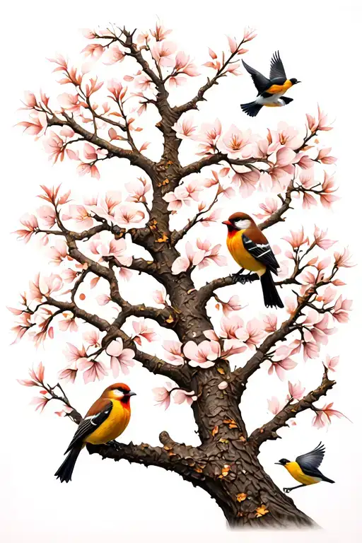 Small Finches Flying & Perched In Dogwood Tree
