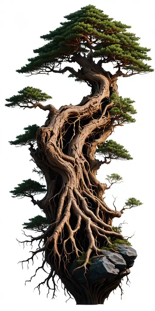 Tall Dead Bonsai Tree Many Branches And Twigs Rough Bark Roots Gripping Rocks