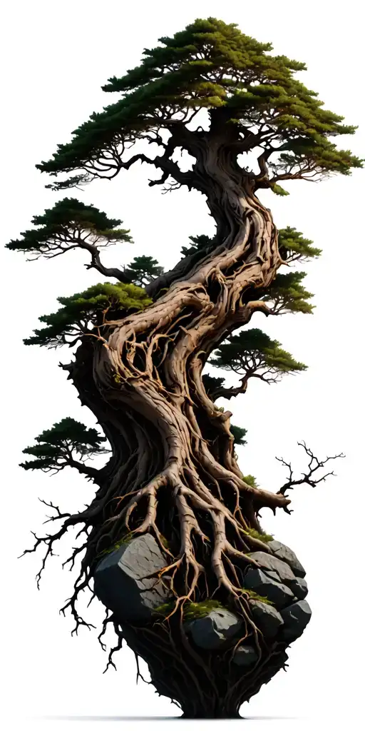 Tall Leafless Bonsai Tree Many Branches And Twigs Rough Bark Roots Gripping Rocks