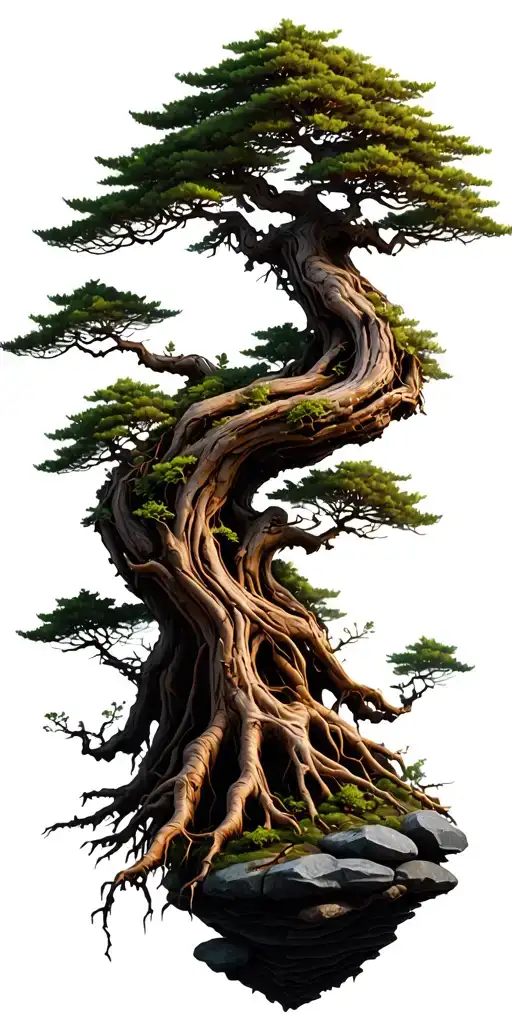 Tall Deciduous Bonsai Tree Many Branches And Twigs Rough Bark Roots Gripping Rocks