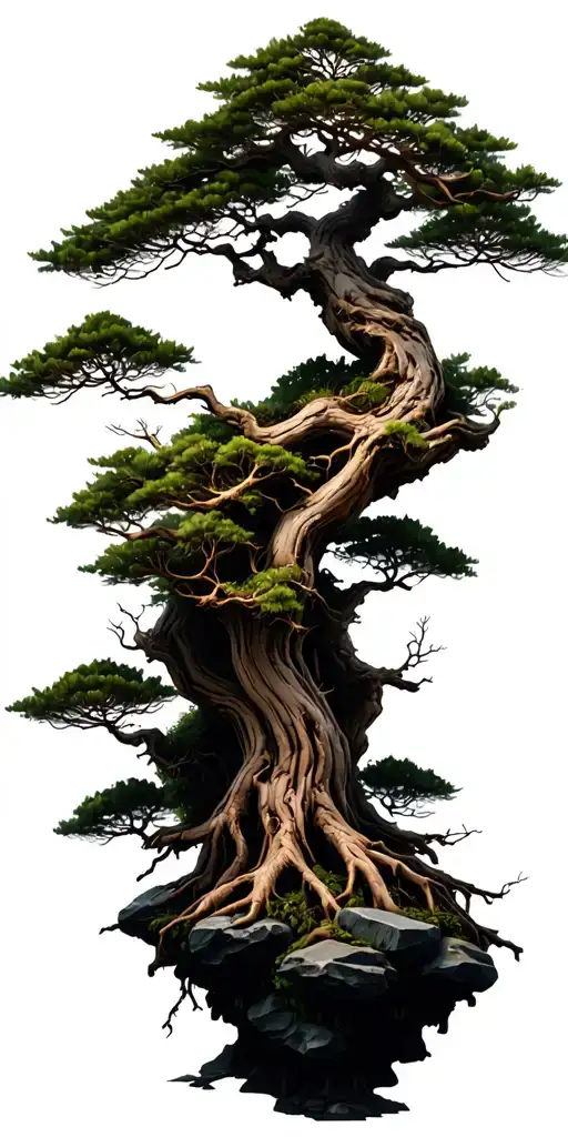 Tall Deciduous Bonsai Tree Many Branches And Twigs Rough Bark Roots Gripping Rocks