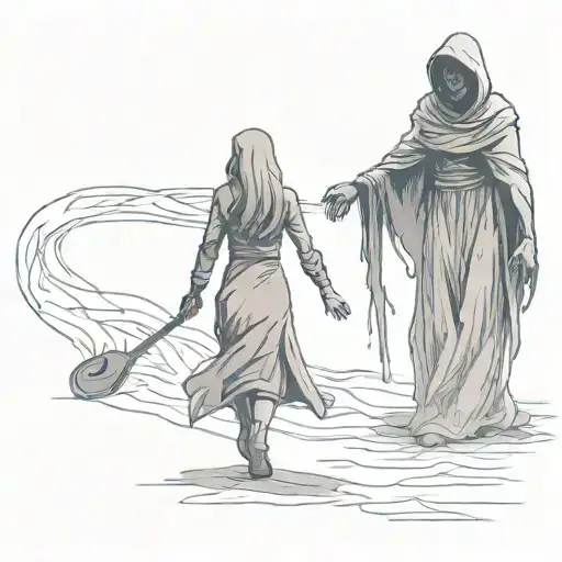 A Girl Leading A Shadowy Reaper By Holding His Hand