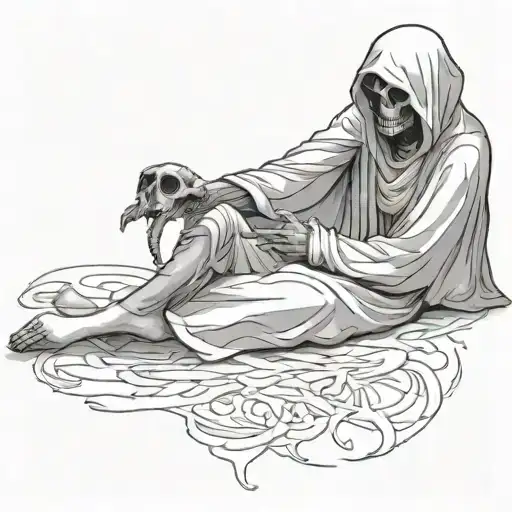 A Girl Comforting A Shadowy Reaper By Holding His Hand