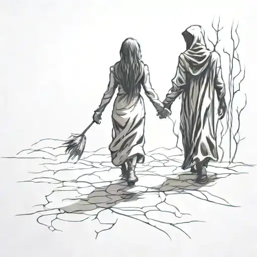 A Girl And A Shadowy Reaper Walking Holding Hands Holding Each Other