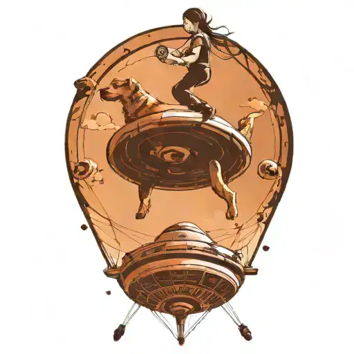 A Dog And Woman Being Lifted Up Into A Ufo Hovering