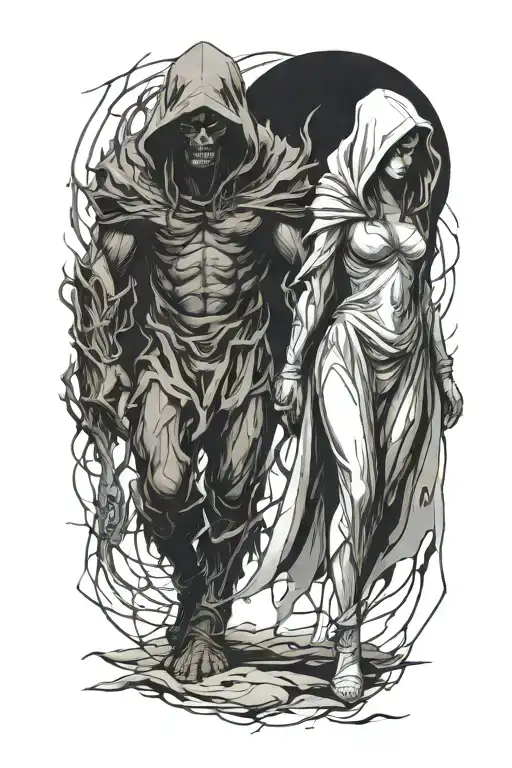 A Girl And A Huge Hooded Beast Or Demon Walking Side By Side Holding Hands