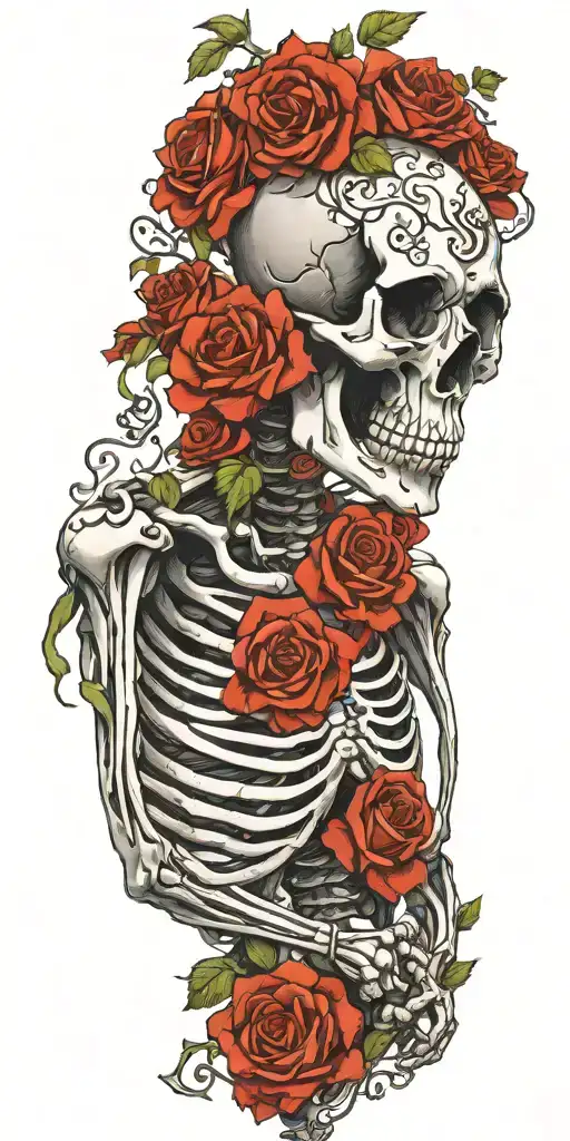 Skeleton With Ribs And Both Arms And Spine Surrounded By Roses And Wrapped In Vines