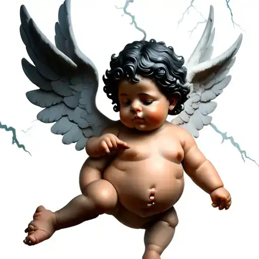 Fat Cherub With Beutiful Wings Flying Through A Lightning Storm Middle Fingers Out