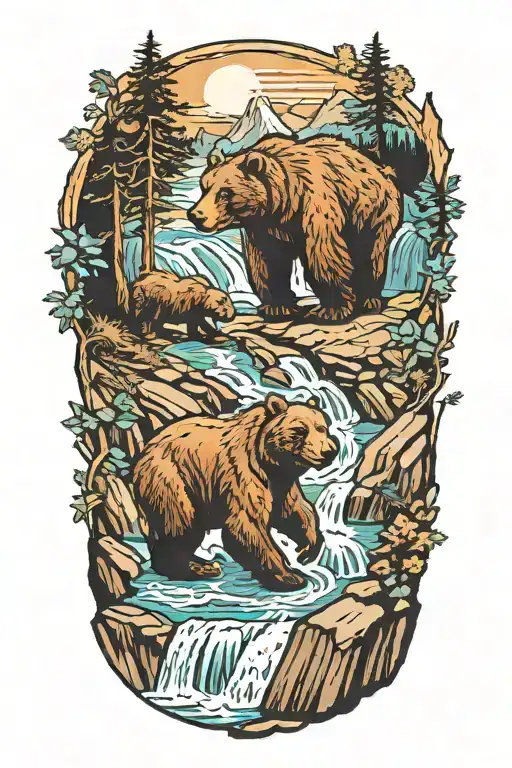 A Mama Bear In Cub Above A Waterfall
