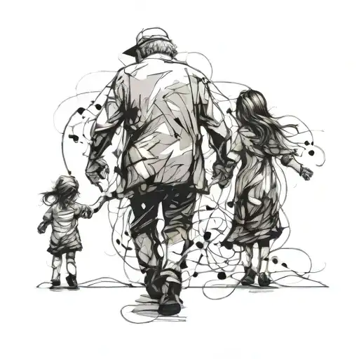 Old Man Walking Away With Little Girls Holding Hands