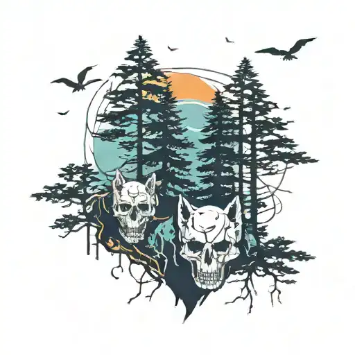 Pine Trees With Skull Shape In Negative Space Surrounded By Wolves