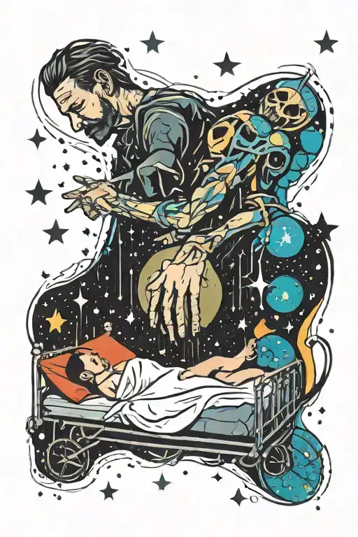 Father Son Holding Hands On Death Bed Surrounded By Stars