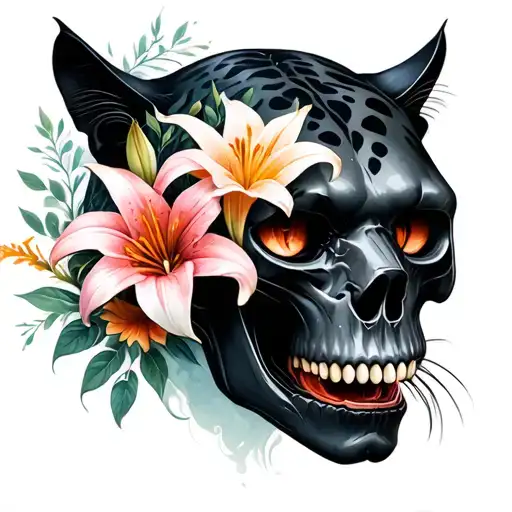 Half Black Panther Face Half Panther Skull With Lily Flower For An Eye Socket Cougar Teeth