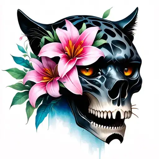 Half Black Panther Face Half Panther Skull With Lily Flower For An Eye Socket Long Sabertooth