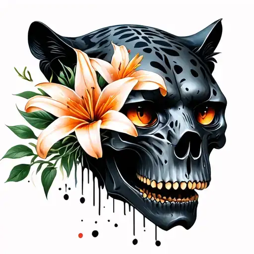 Half Black Panther Face Half Panther Skull With Lily Flower For An Eye Socket Long Sabertooth