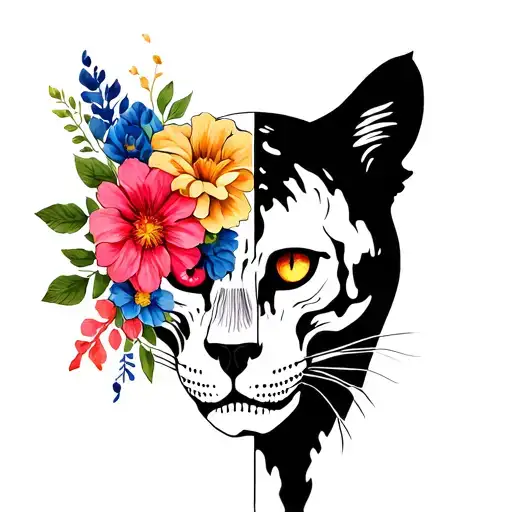 Half Black Panther Face Half Panther Skeleton With Flowers For Eye Socket